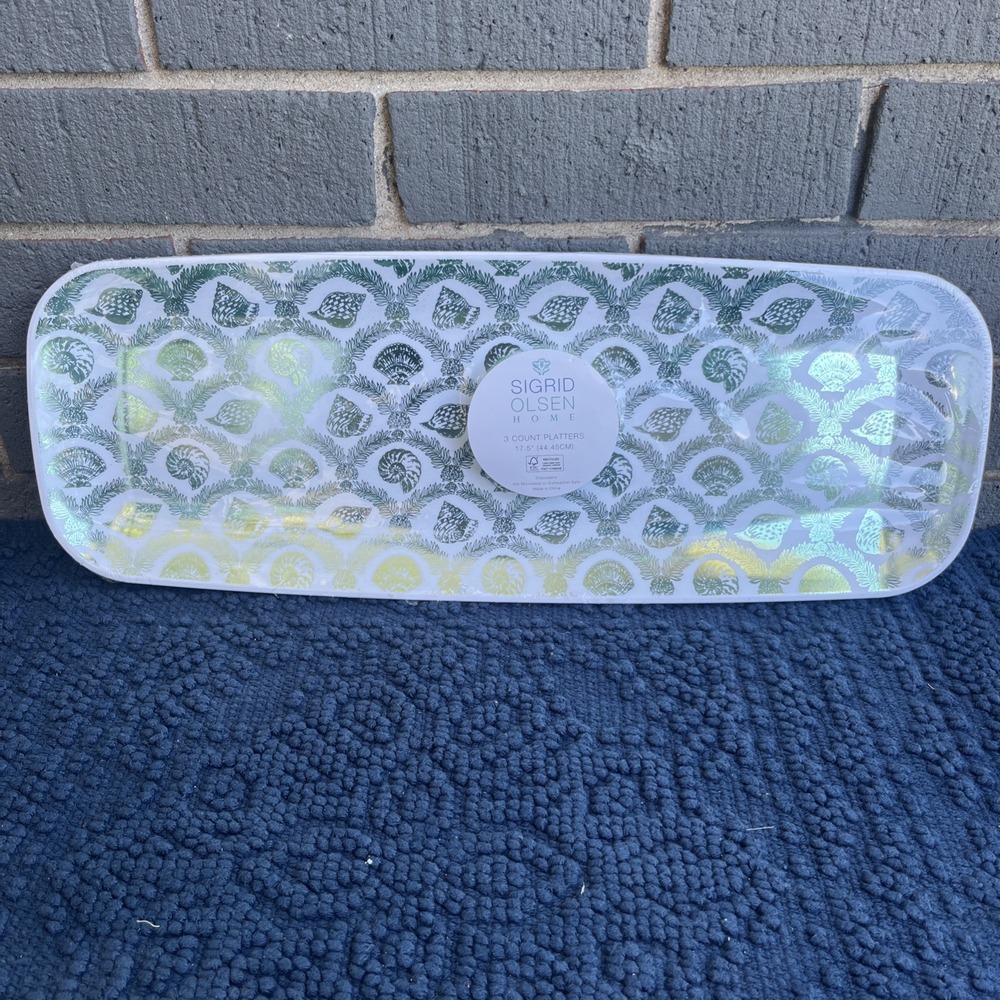 Sigrid Olsen 3pc 17.5" Coastal Green Shells Rectangle Platters NEW